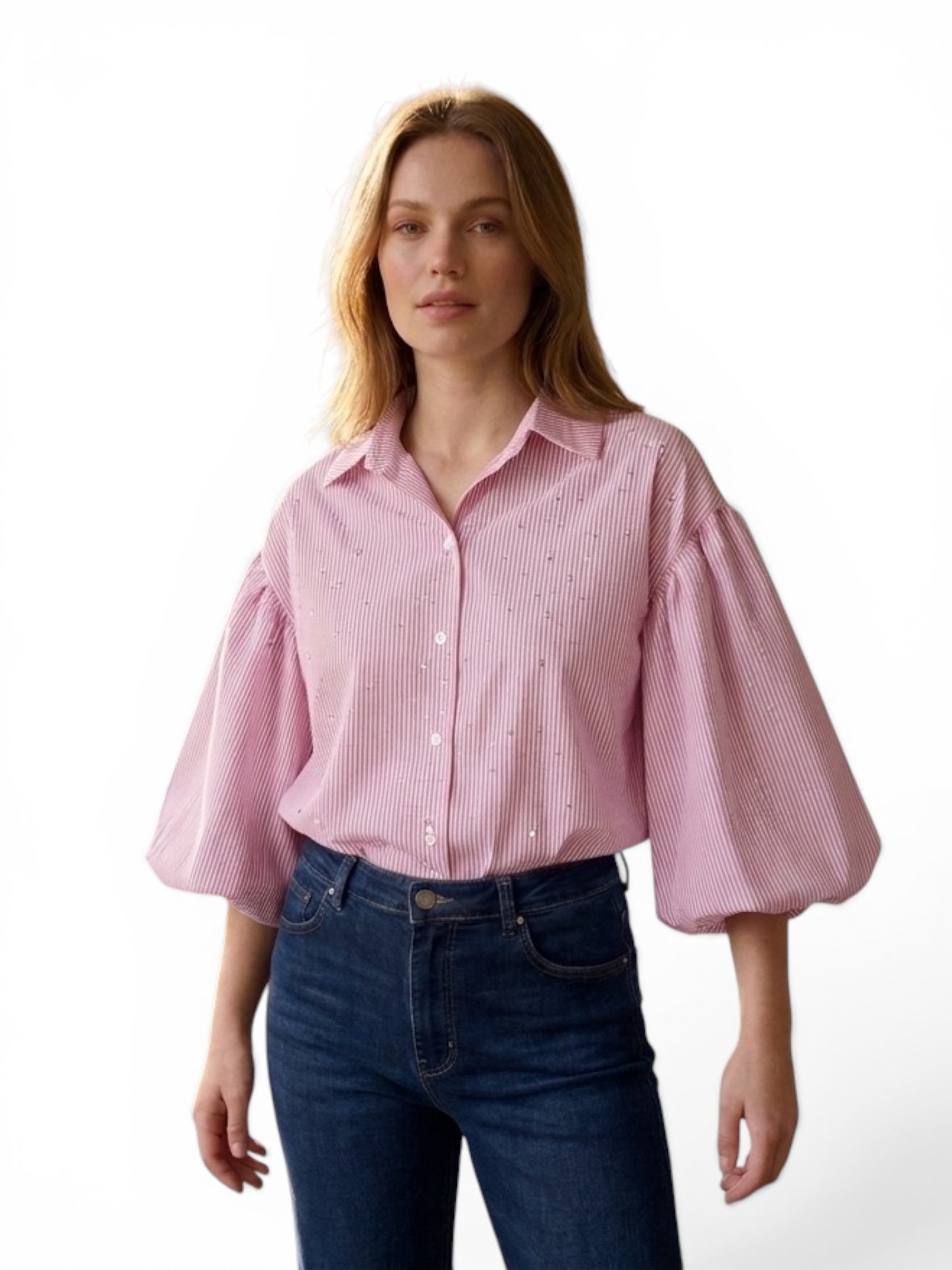 Damen Bluse - One Size - STRIPED PUFF-SLEEVE BLOUSE