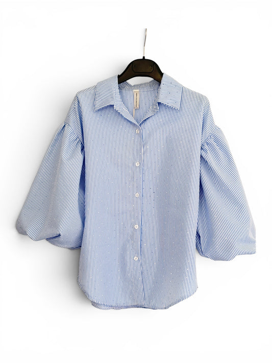 Damen Bluse - One Size - STRIPED PUFF-SLEEVE BLOUSE