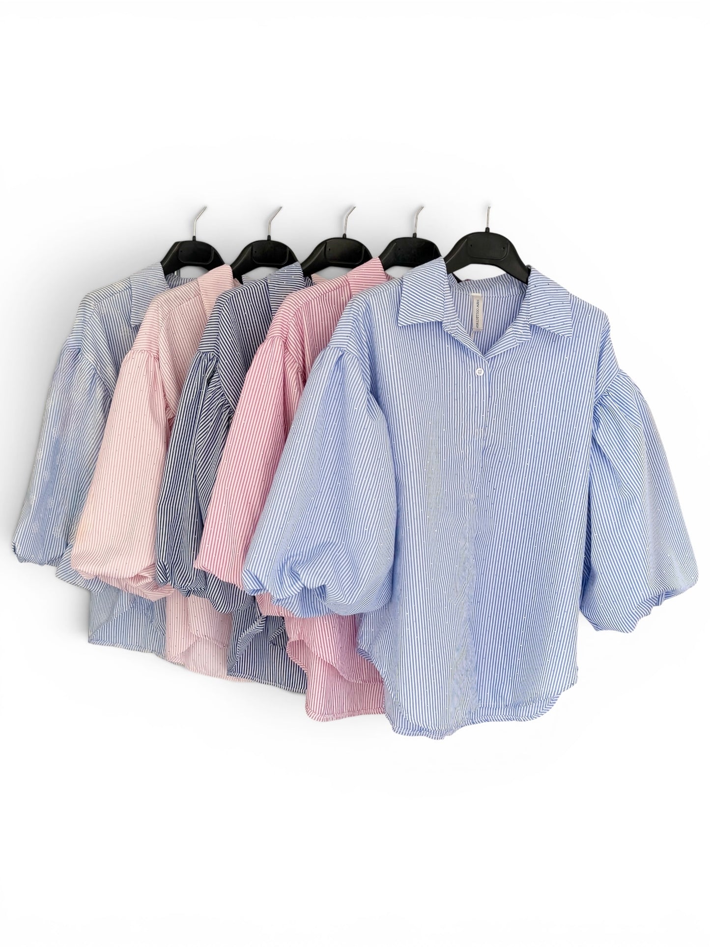 Damen Bluse - One Size - STRIPED PUFF-SLEEVE BLOUSE