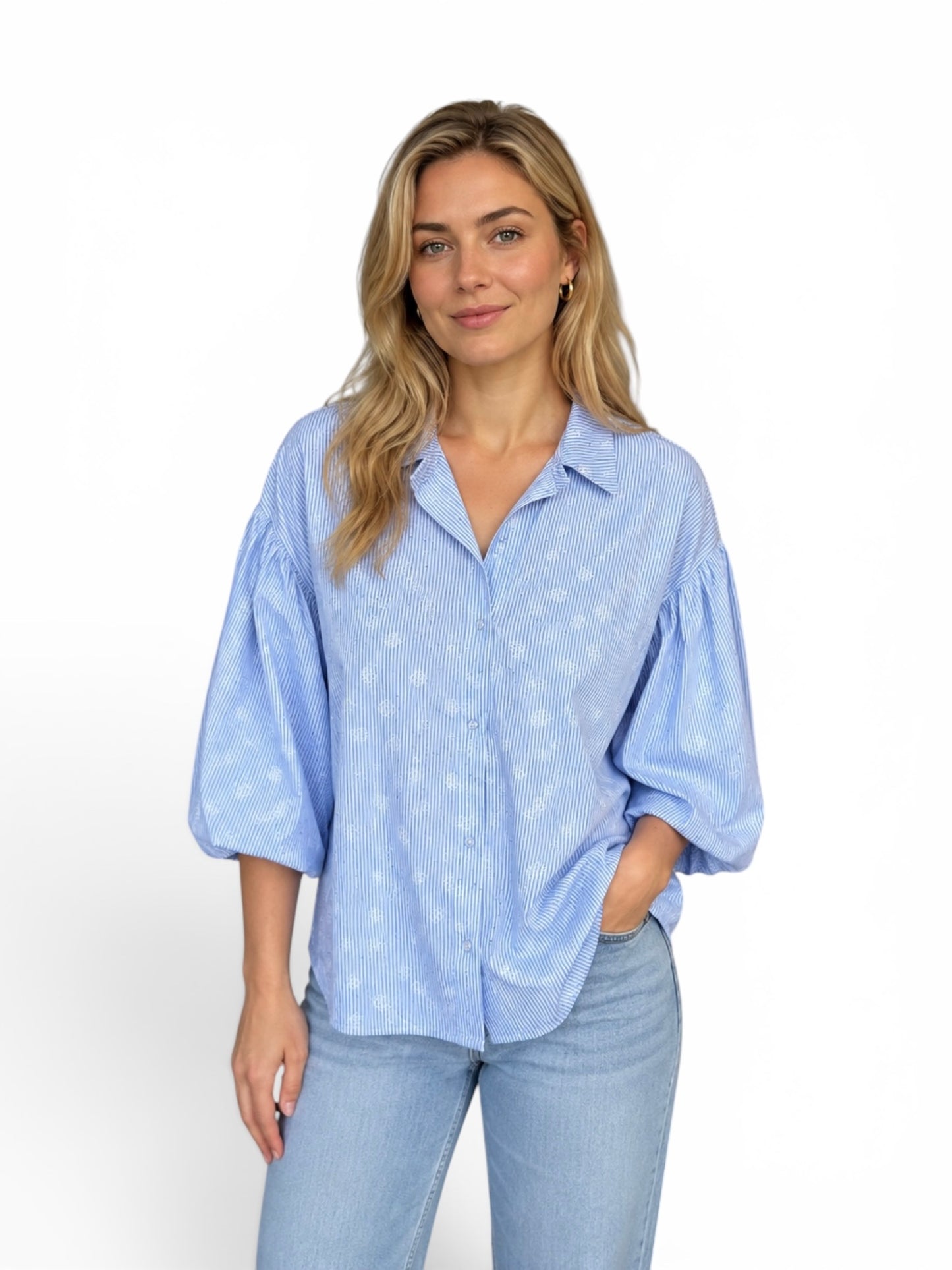 Damen Bluse - One Size - STRIPED PUFF-SLEEVE BLOUSE