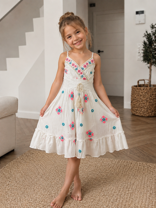 Kinder Kleid 4-12 Jahre - BEACH BELLA WHITE PINK KIDS DRESS